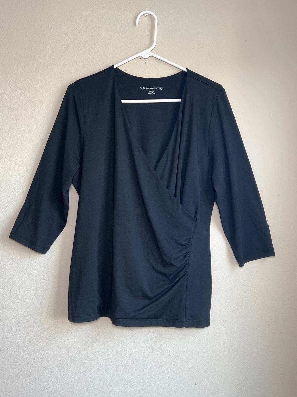 Soft Surroundings Black Pima Cotton Modal Faux Wrap Three Quarter Sleeve Top XL